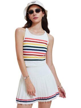 Women Stripe Rainbow 2 Piece Racer Back Tennis Skirt Tank Top Pull On Golf Dress